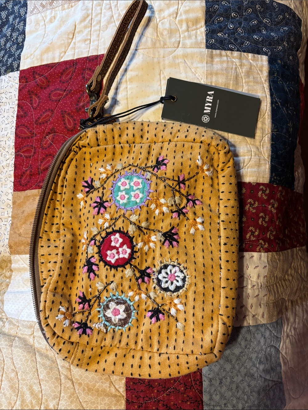 Myra Bag Mustard Embroidered Wristlet with Floral Stitching